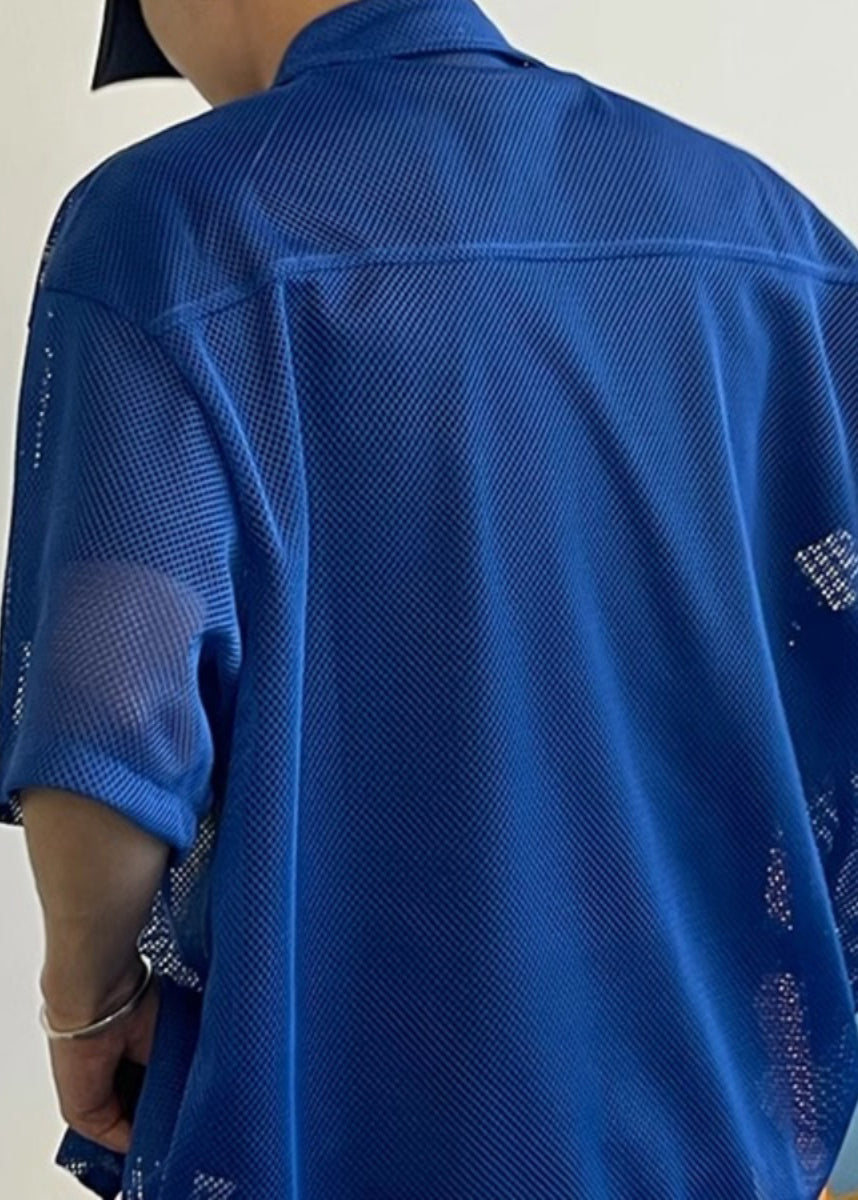 Stylish Blue Print Hollow Out Tulle Shirts Half Sleeve