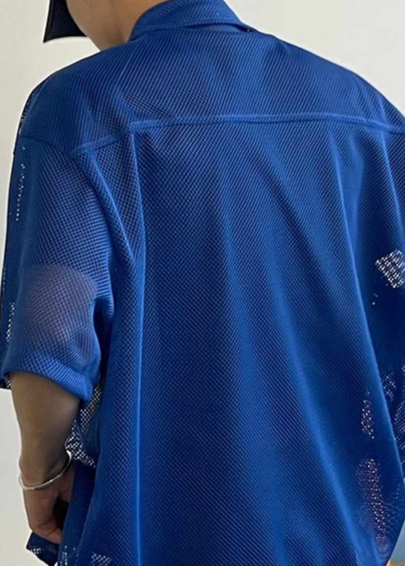 Stylish Blue Print Hollow Out Tulle Shirts Half Sleeve