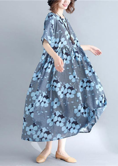 Stylish Blue Print Short Sleeve Summer Cotton Dress