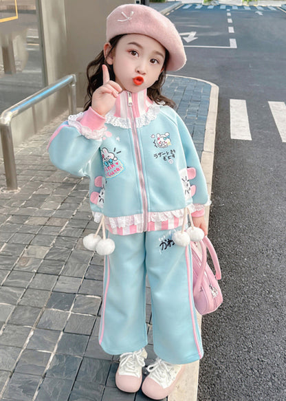 Stylish Blue Ruffled Patchwork Kids Coats and Straight Pants Two Pieces Set Spring