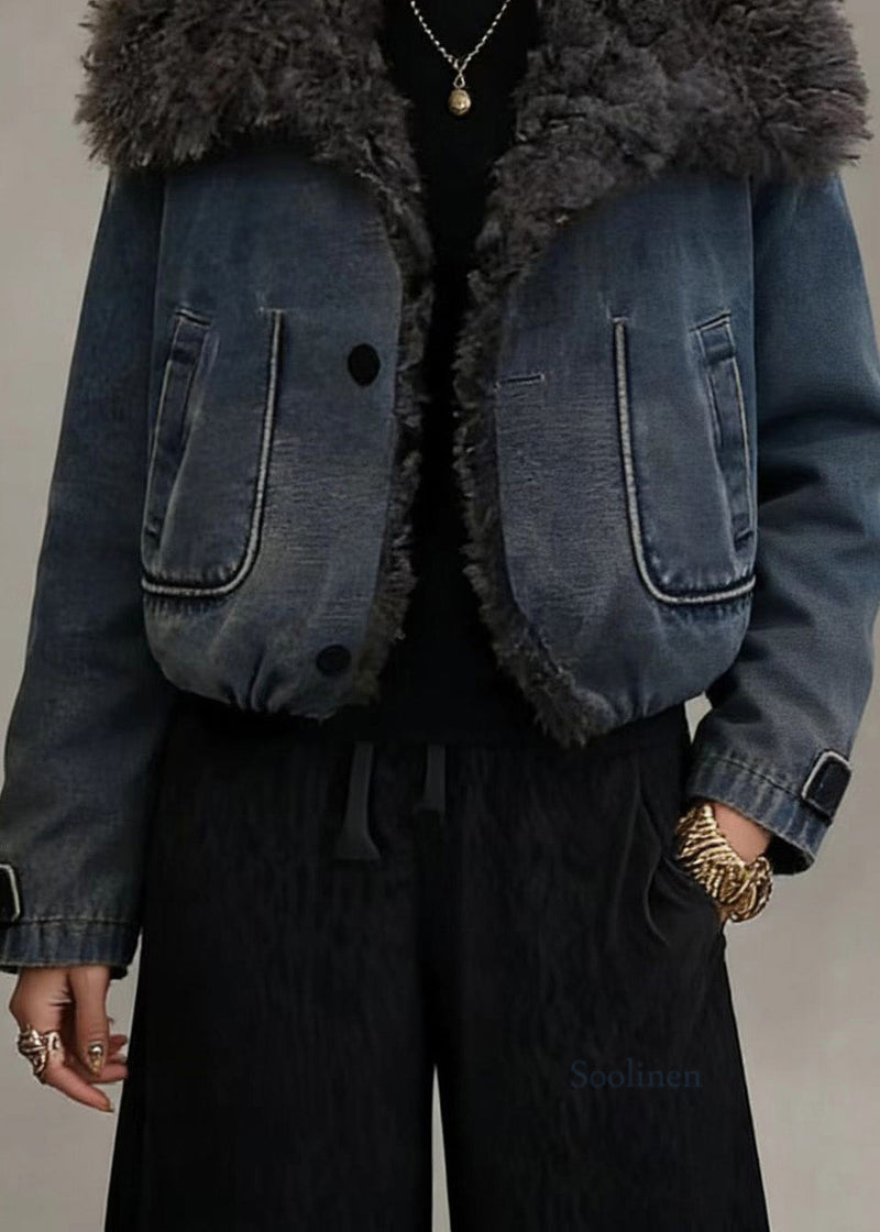 Stylish Blue Teddy Faux Fur Patchwork Fine Cotton Filled Jacket Winter