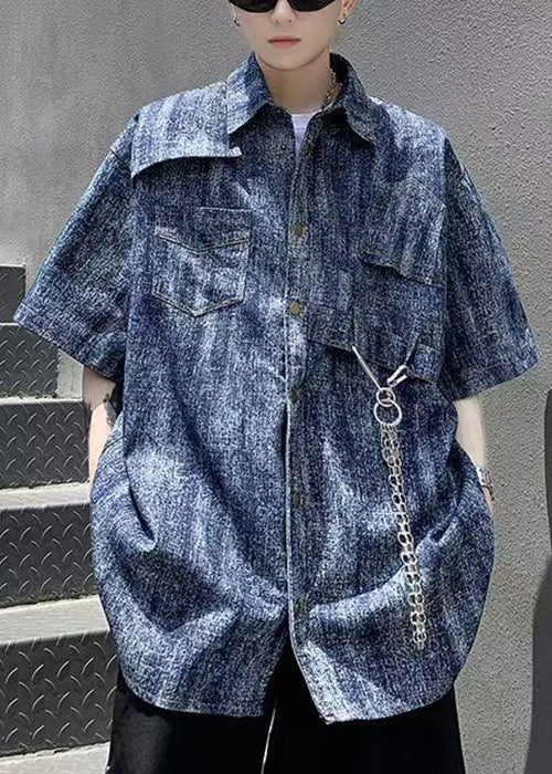 Stylish Blue Tie Dye Chain Linked Denim Shirts Half Sleeve