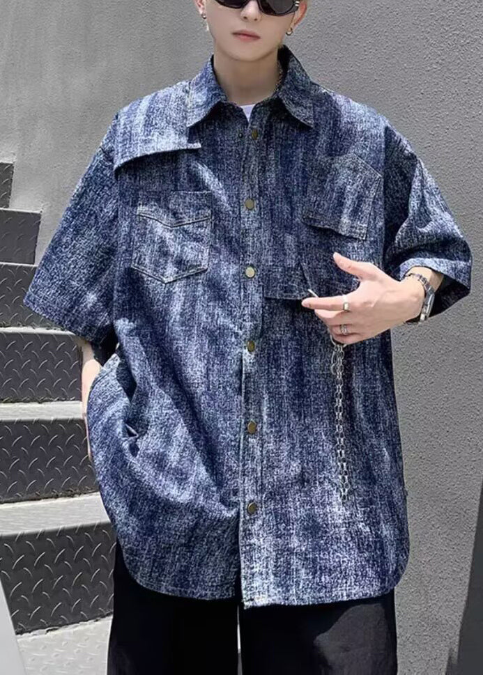 Stylish Blue Tie Dye Chain Linked Denim Shirts Half Sleeve