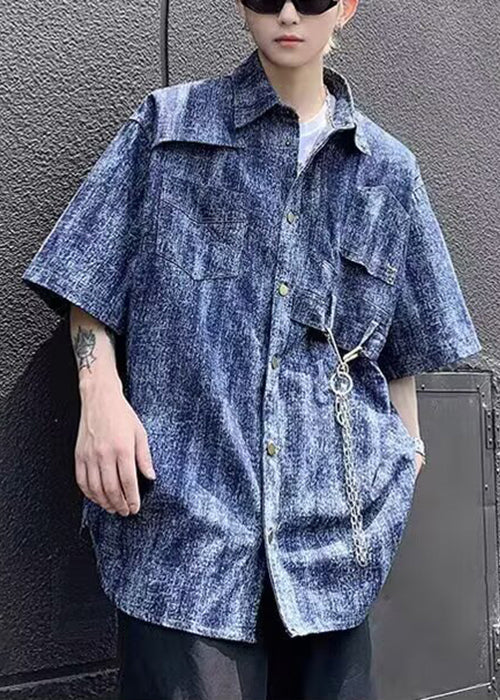 Stylish Blue Tie Dye Chain Linked Denim Shirts Half Sleeve