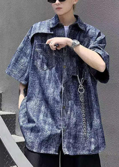 Stylish Blue Tie Dye Chain Linked Denim Shirts Half Sleeve