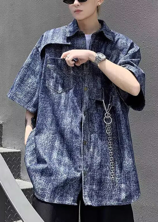 Stylish Blue Tie Dye Chain Linked Denim Shirts Half Sleeve