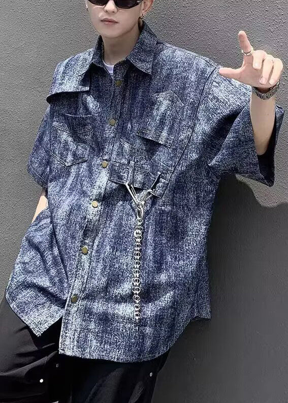 Stylish Blue Tie Dye Chain Linked Denim Shirts Half Sleeve