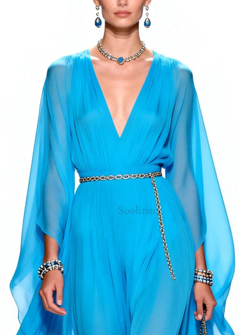 Stylish Blue V Neck Draping Chiffon Maxi Dresses Summer