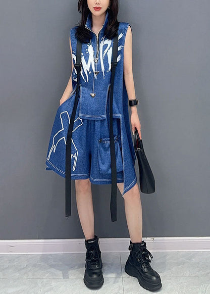 Stylish Blue Zip Up Patchwork Tops and Shorts Denim Two Pieces Set Sleeveless