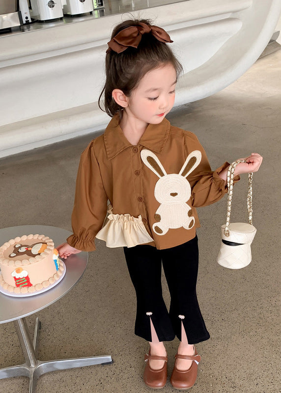 Stylish Brown Peter Pan Collar Tops and Pants Cotton Baby Two Pieces Set Fall