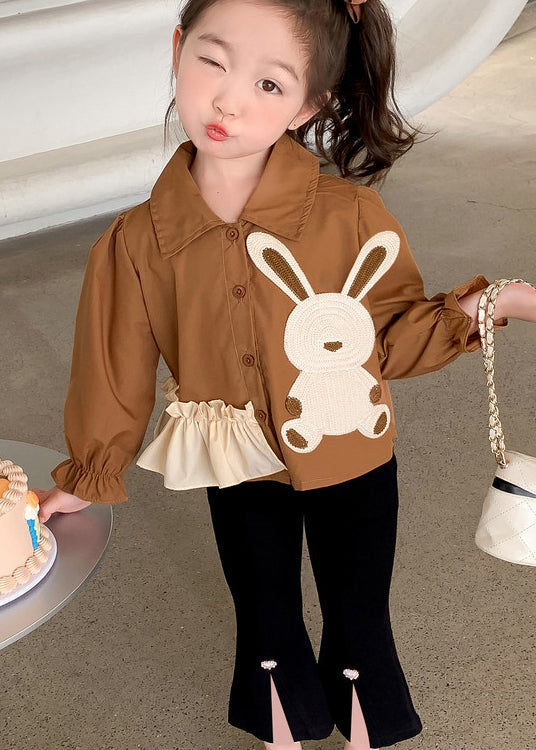 Stylish Brown Peter Pan Collar Tops and Pants Cotton Baby Two Pieces Set Fall