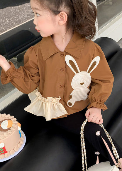Stylish Brown Peter Pan Collar Tops and Pants Cotton Baby Two Pieces Set Fall