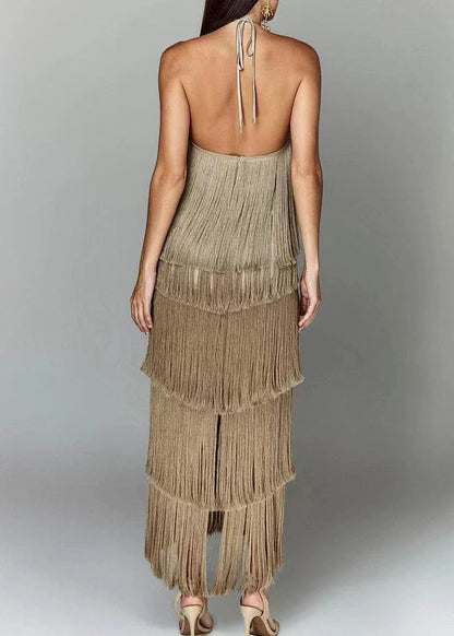 Stylish Brown Tasseled Backless Silk Halter Dress Summer