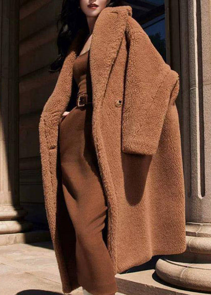 Stylish Camel Peter Pan Collar Pockets Teddy Faux Fur Long Coats Winter