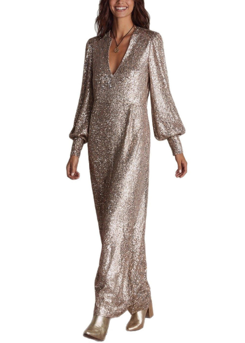 Stylish Champagne Color V Neck Side Open Party Dress Spring