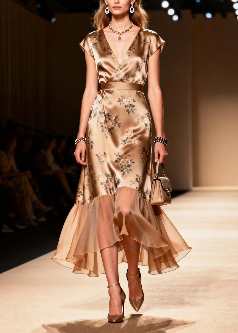 Stylish Champagne Print Patchwork Silk Maxi Dresses Summer