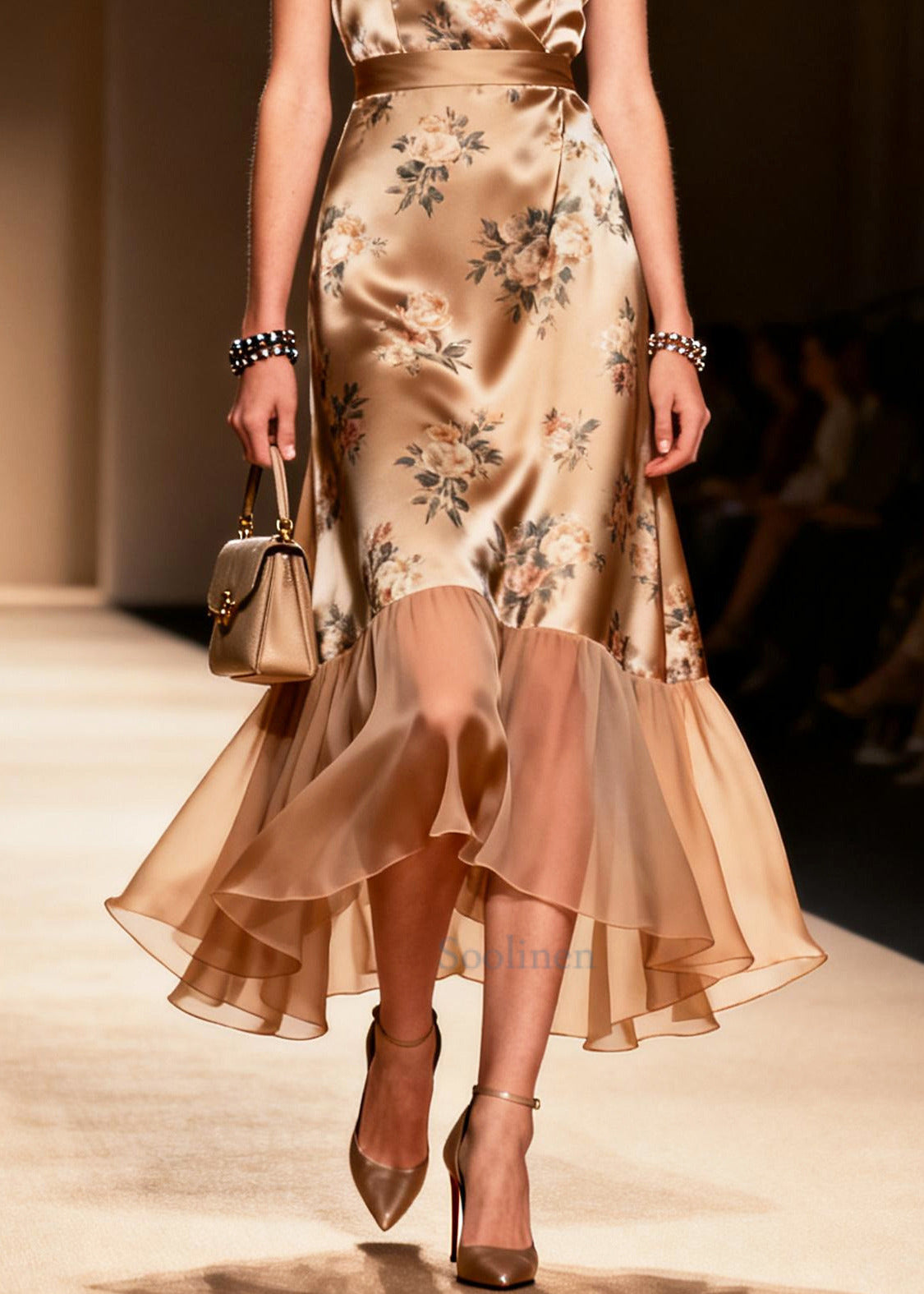 Stylish Champagne Print Patchwork Silk Maxi Dresses Summer