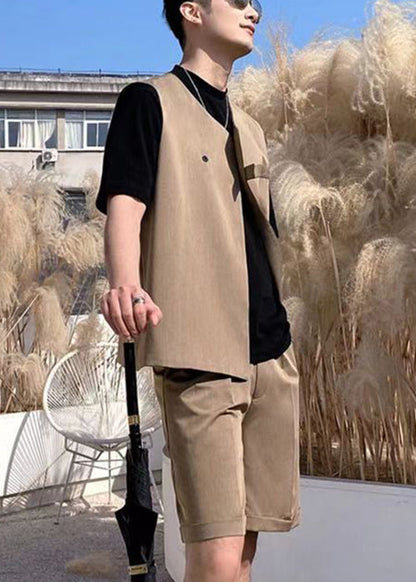Stylish Coffee Button Waistcoat and Shorts Spandex Two Pieces Set Sleeveless
