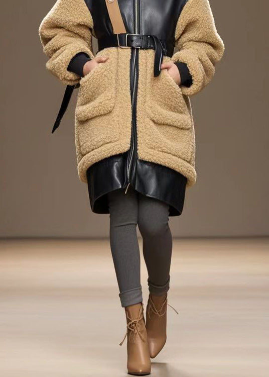 Stylish Coffee Cinched Patchwork Pu Warm Fleece Trench Winter