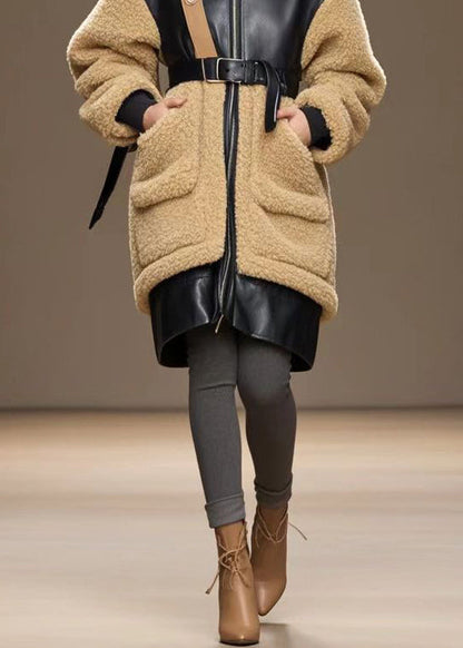 Stylish Coffee Cinched Patchwork Pu Warm Fleece Trench Winter