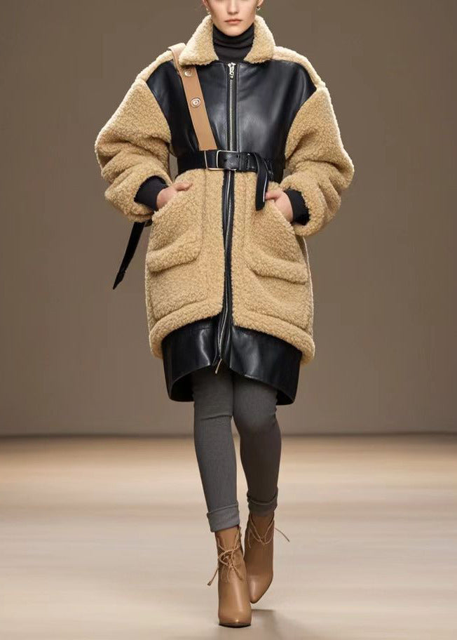 Stylish Coffee Cinched Patchwork Pu Warm Fleece Trench Winter