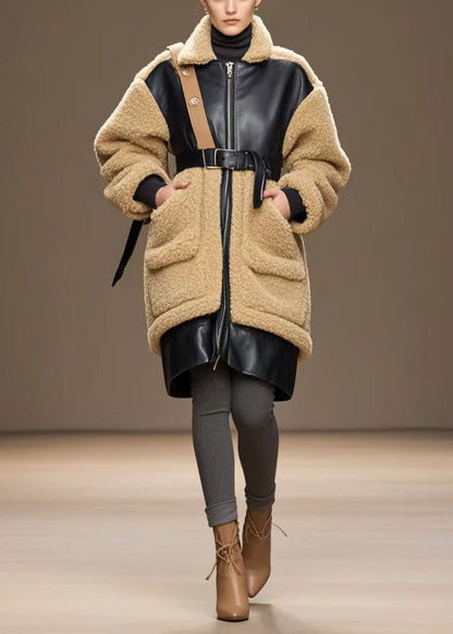 Stylish Coffee Cinched Patchwork Pu Warm Fleece Trench Winter