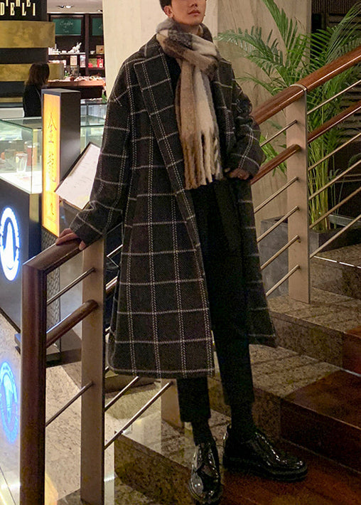 Stylish Coffee Plaid Notched Tie Waist Woolen Coats Winter