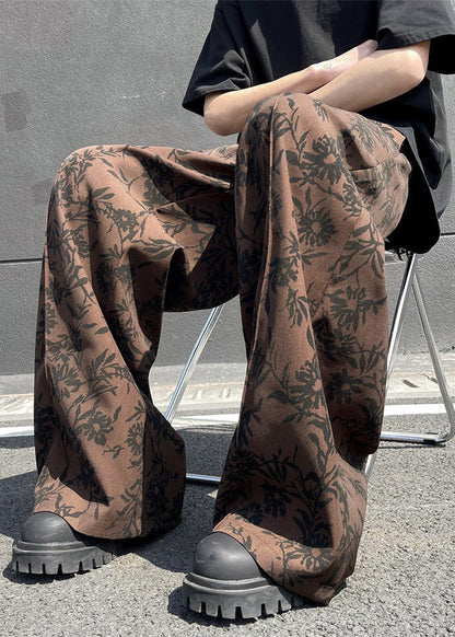 Stylish Coffee Pockets Print Cotton Wide Leg Pants Summer