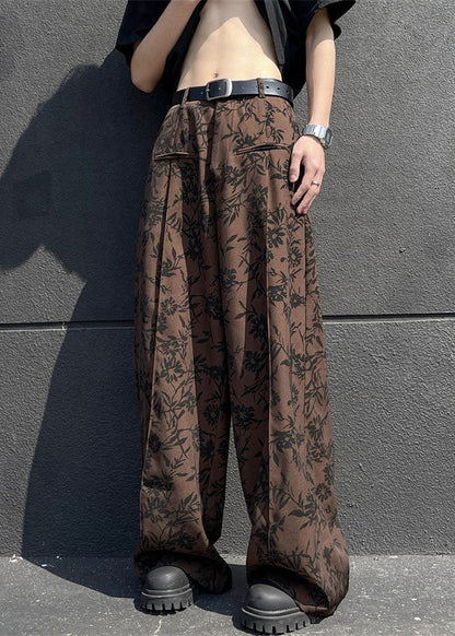 Stylish Coffee Pockets Print Cotton Wide Leg Pants Summer