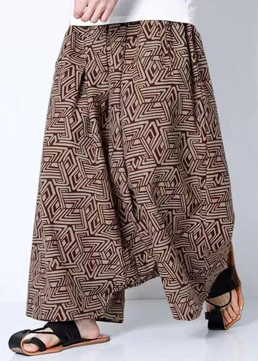 Stylish Coffee Print Pockets Cotton Harem Pants Summer