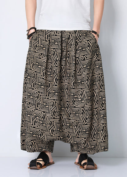 Stylish Coffee Print Pockets Cotton Harem Pants Summer