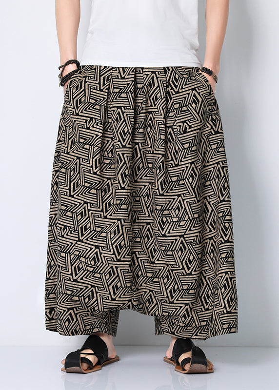Stylish Coffee Print Pockets Cotton Harem Pants Summer