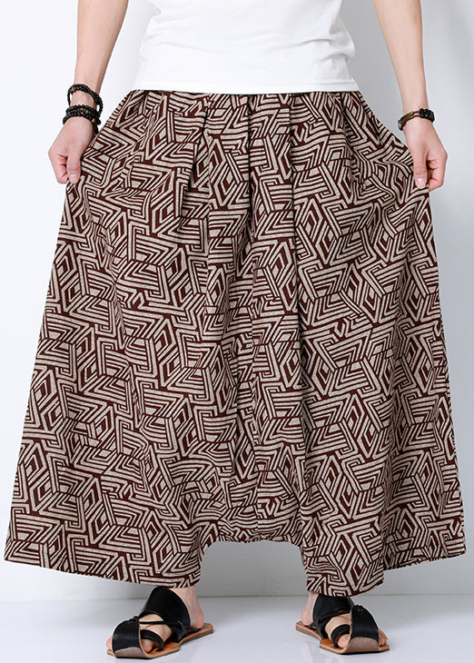 Stylish Coffee Print Pockets Cotton Harem Pants Summer