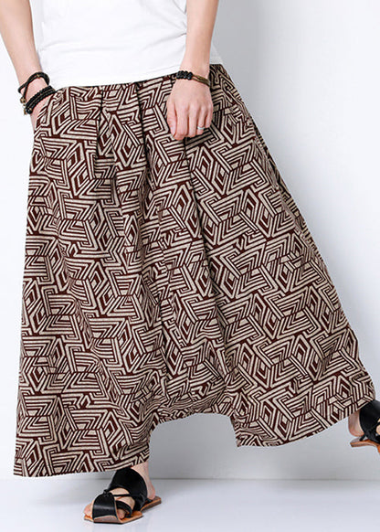 Stylish Coffee Print Pockets Cotton Harem Pants Summer