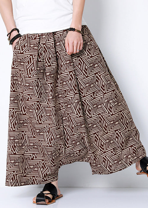 Stylish Coffee Print Pockets Cotton Harem Pants Summer