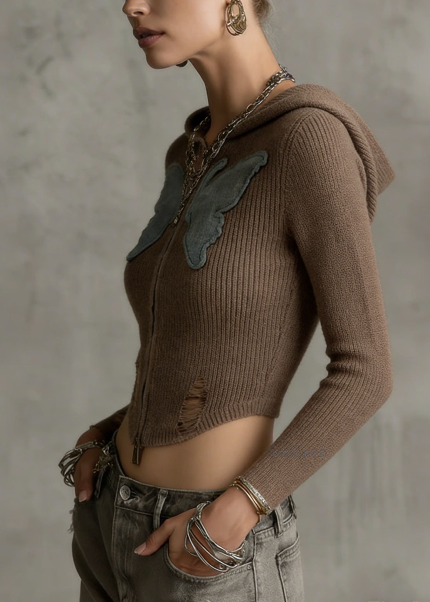 Stylish Coffee Zip Up Butterfly Knit Hoodies Outwear Spring
