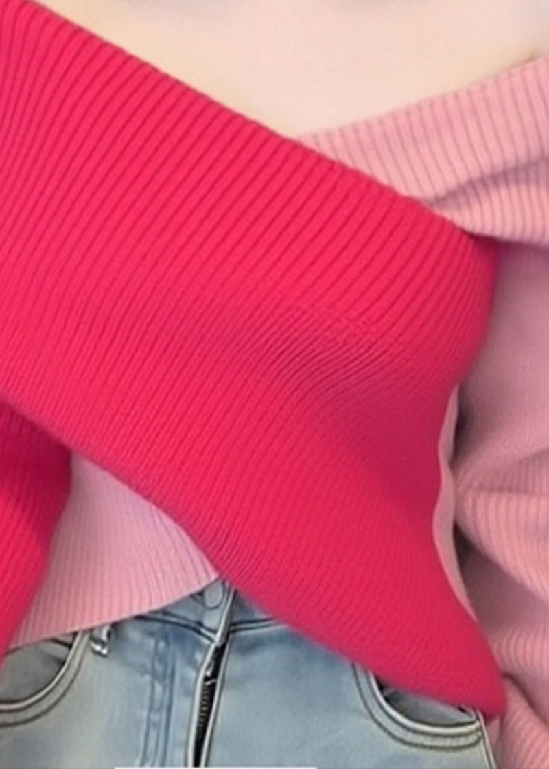Stylish Colorblock Cold Shoulder Patchwork Knit Sweaters Spring