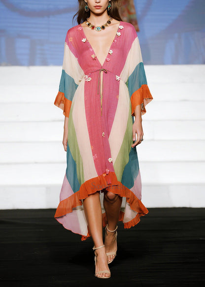 Stylish Colorblock Flower Patchwork Ruffles Cotton Dress Summer