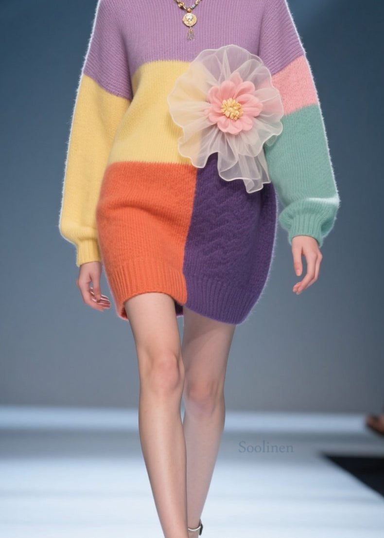 Stylish Colorblock O Neck Knit Sweater Dress Fall