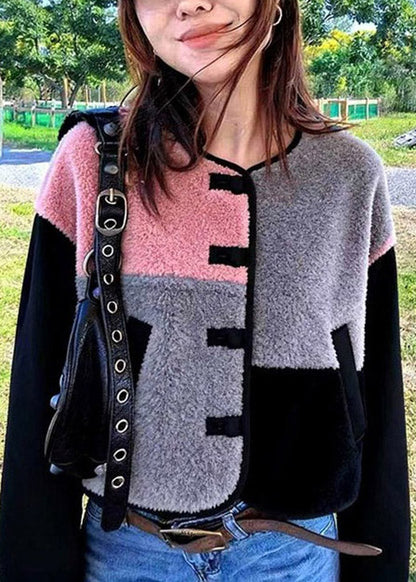 Stylish Colorblock O Neck Patchwork Faux Fur Jacket Winter