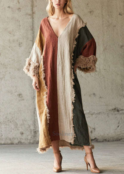 Stylish Colorblock Oversized Patchwork Faux Fur Maxi Dress Fall