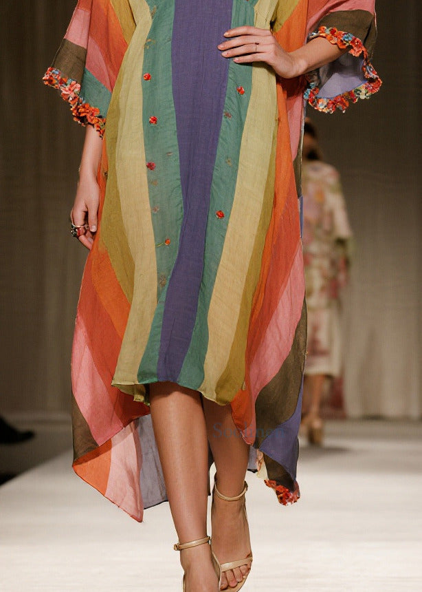 Stylish Colorblock Oversized Striped Cotton Long Dress Summer
