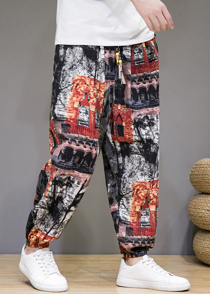 Stylish Colorblock Print Pockets High Waist Cotton Beam Pants Summer