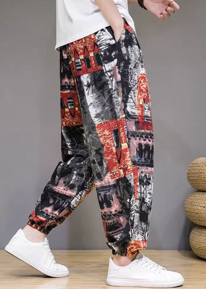 Stylish Colorblock Print Pockets High Waist Cotton Beam Pants Summer