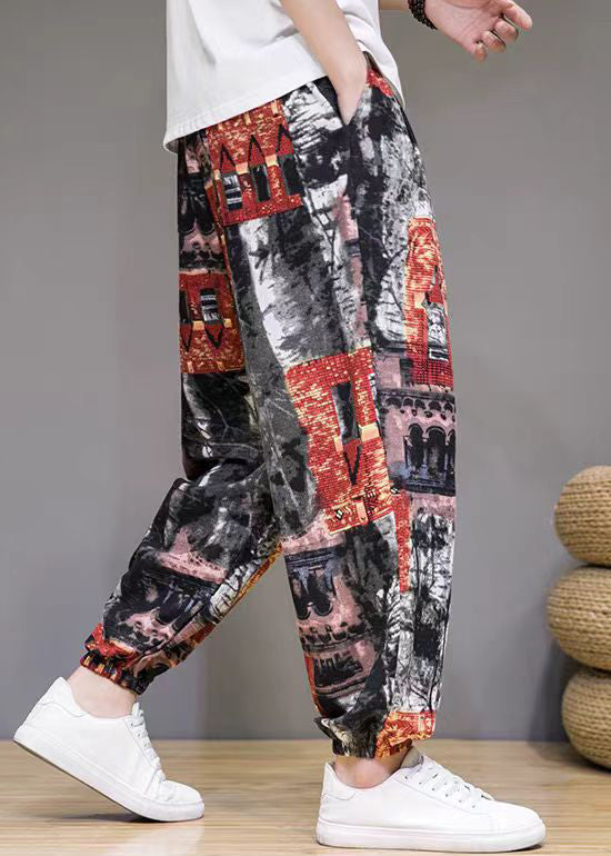 Stylish Colorblock Print Pockets High Waist Cotton Beam Pants Summer