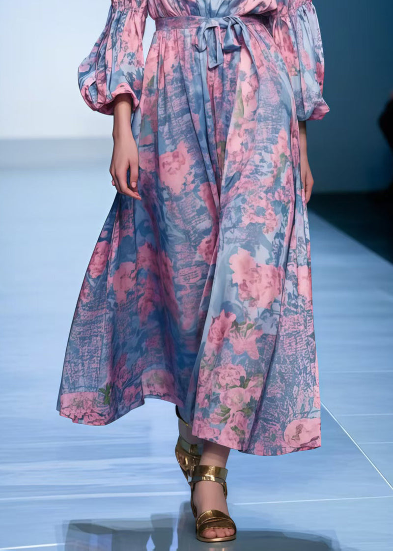 Stylish Colorblock Slash Neck Print Cotton Robe Dresses Spring