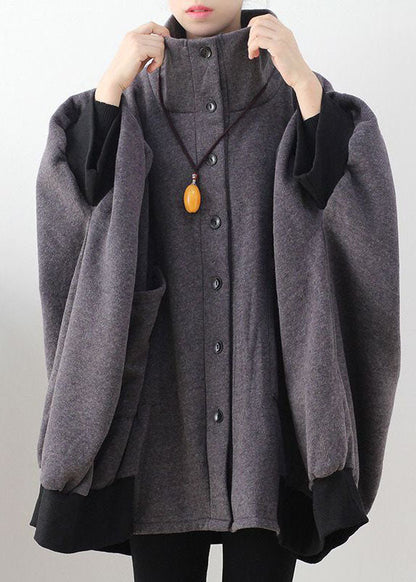 Stylish Dark Gray Pockets Button Knit Asymmetrical Design Fall Loose Sweatshirts Coat