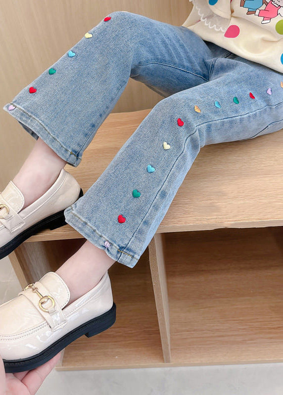 Stylish Denim Blue Patchwork Pockets Kids Crop Flared Pants Spring