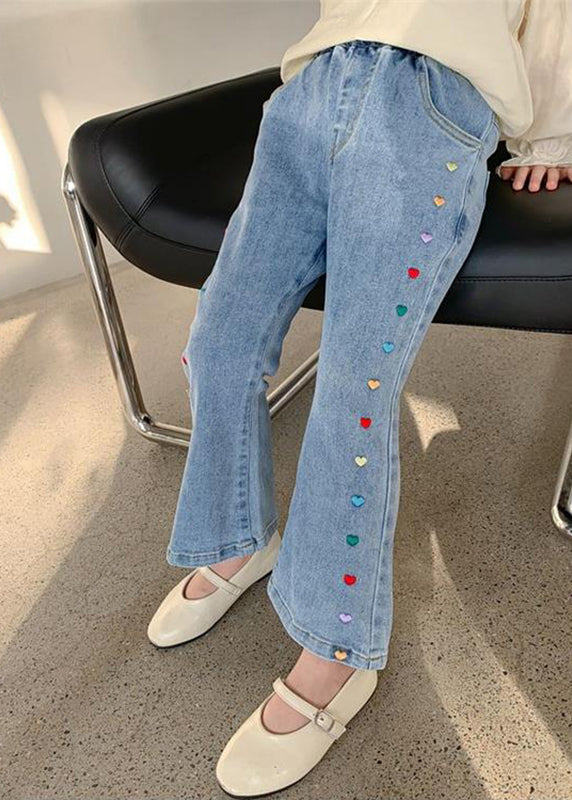 Stylish Denim Blue Patchwork Pockets Kids Crop Flared Pants Spring