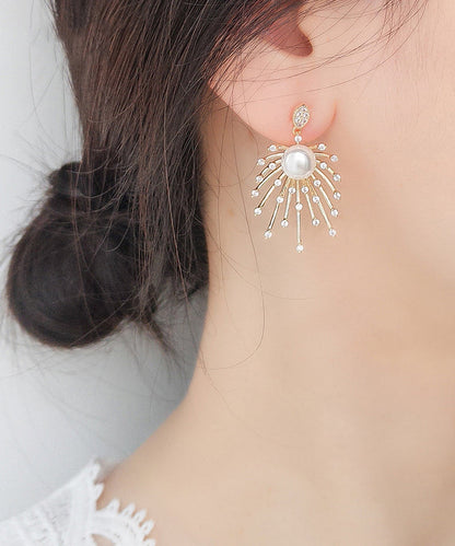 Stylish Gold Sterling Silver Copper Zircon Pearl Drop Earrings Kx1018
